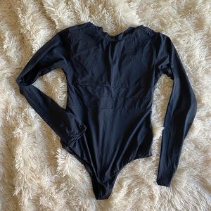 Black sexy lace back one piece long sleeve swim suit